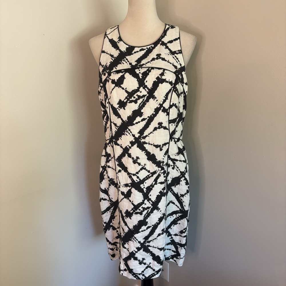 Cynthia Rowley 100% Linen Dress Black White Abstract Sheath Ink Blot Lined Sz 12